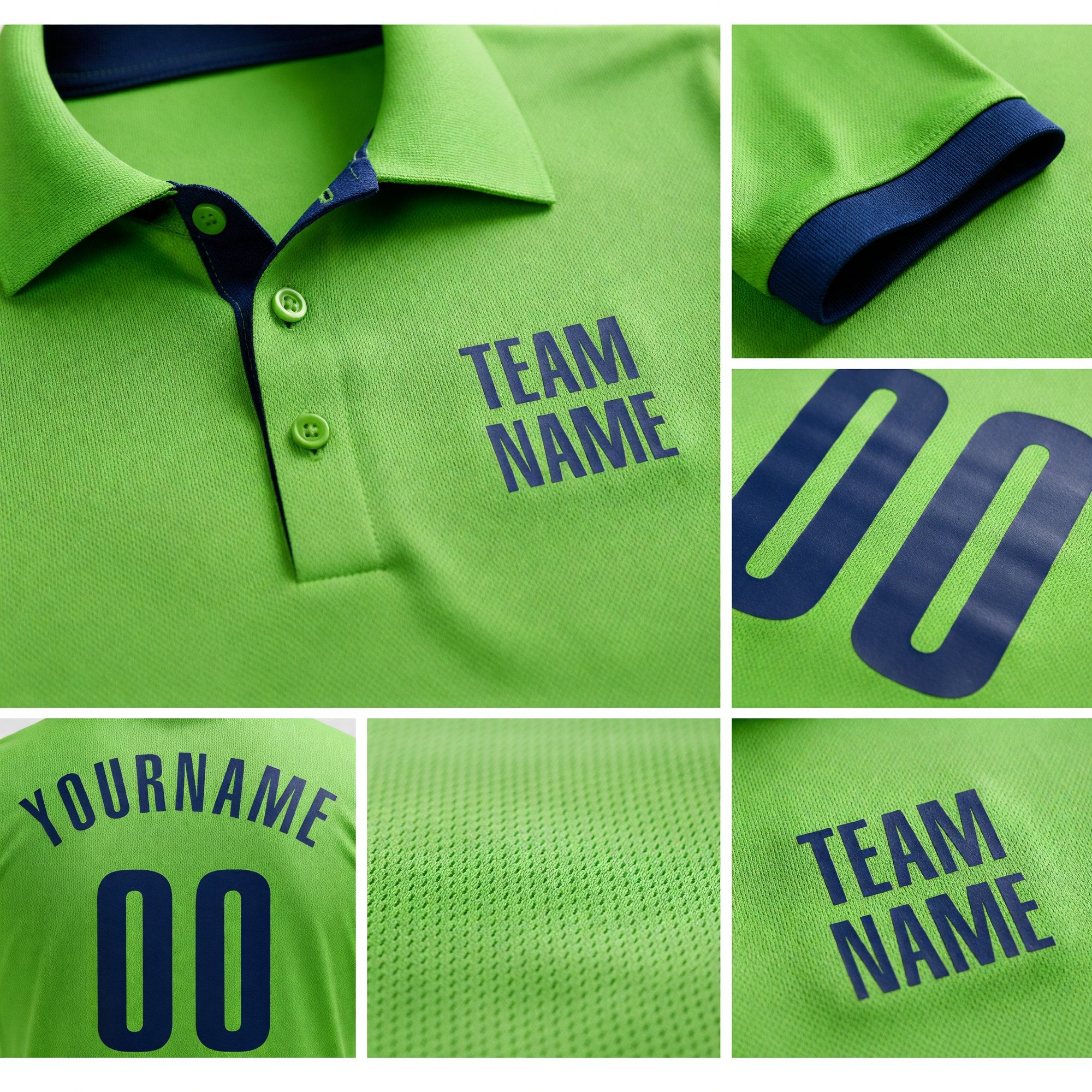 Custom Neon Green Navy Performance Golf Polo Shirt detail