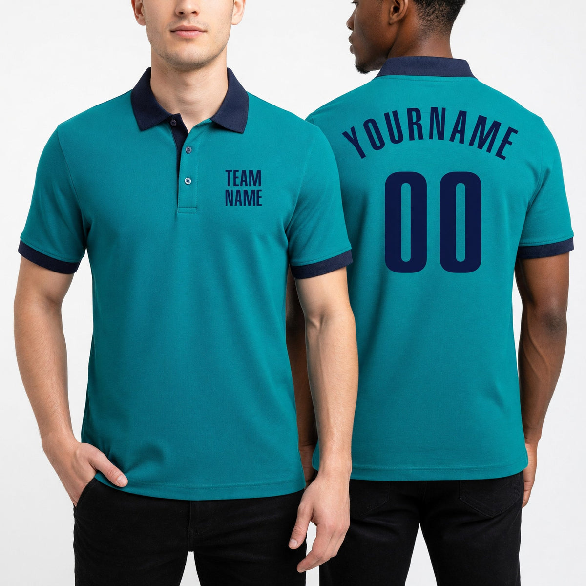 Custom Aqua Navy Performance Golf Polo Shirt worn front and back