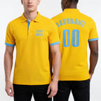 Custom Yellow Light Blue Performance Golf Polo Shirt worn front and back