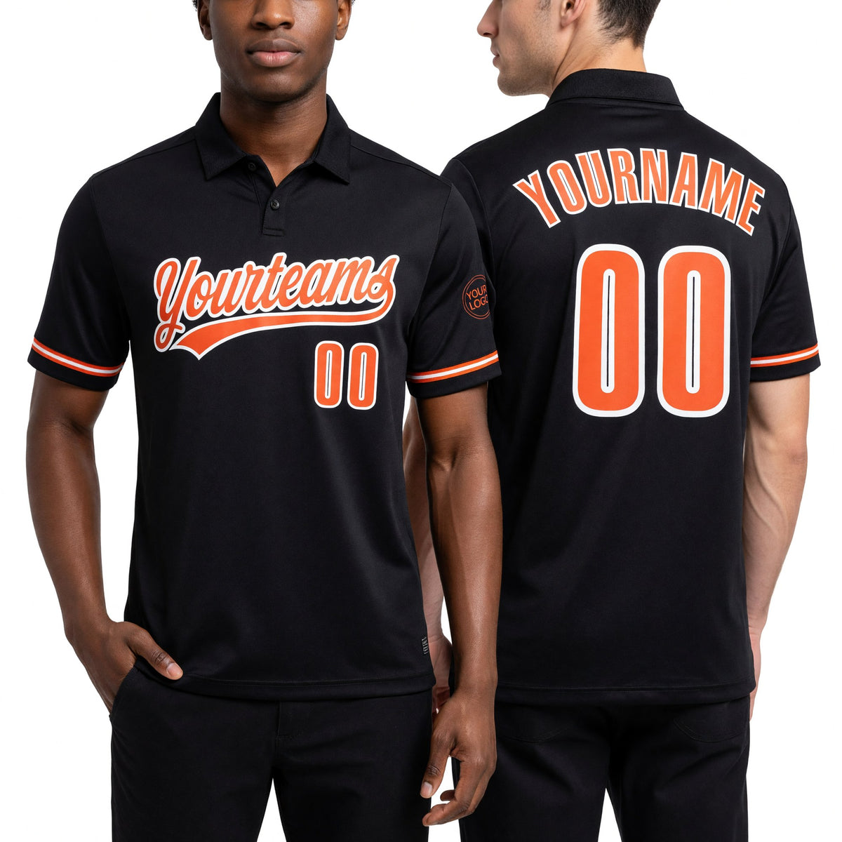 Custom Black Orange-White Performance Vapor Golf Polo Shirt worn front and back