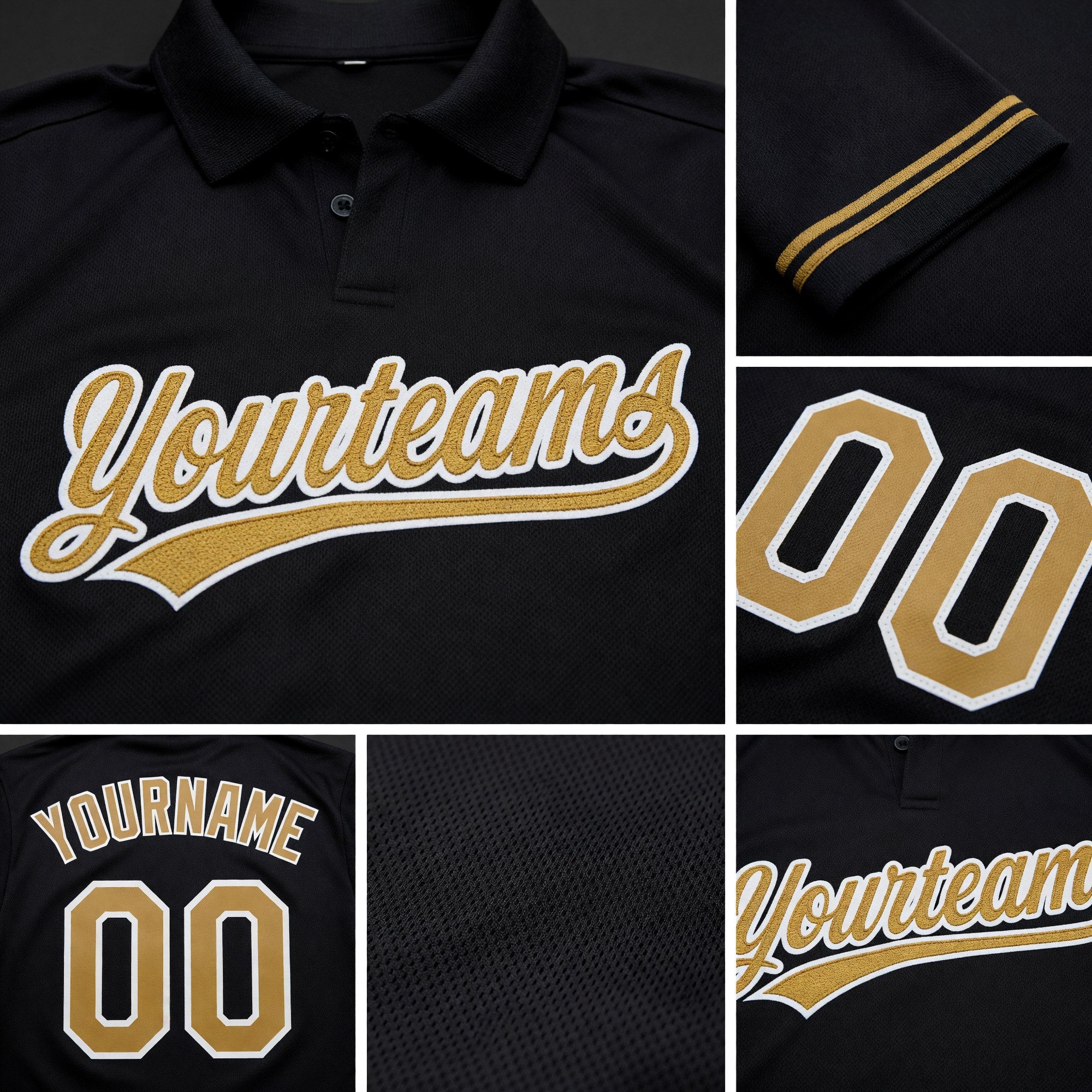 Custom Black Old Gold-White Performance Vapor Golf Polo Shirt detail