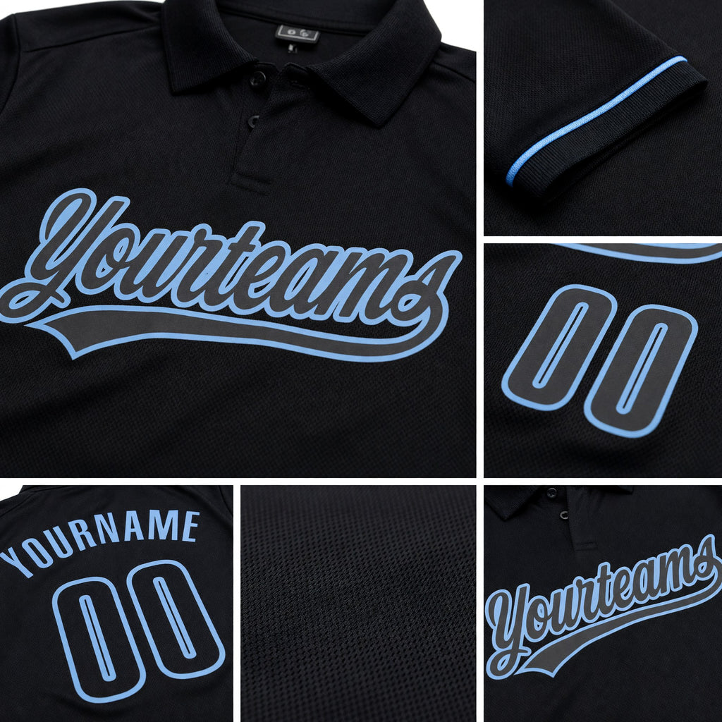 Custom Black Black-Light Blue Performance Vapor Golf Polo Shirt detail