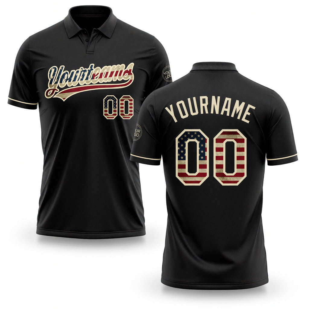 Custom Black Vintage USA Flag-Cream Performance Vapor Golf Polo Shirt