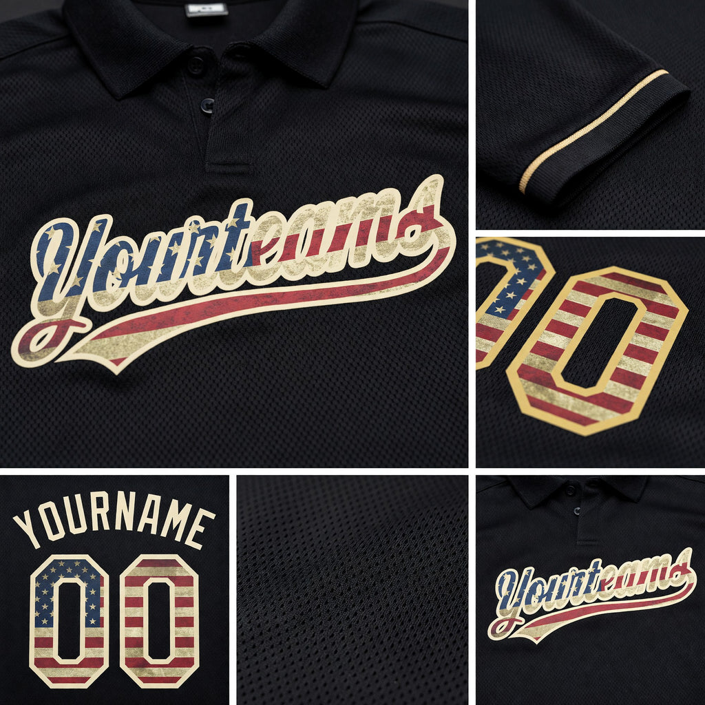 Custom Black Vintage USA Flag-Cream Performance Vapor Golf Polo Shirt detail