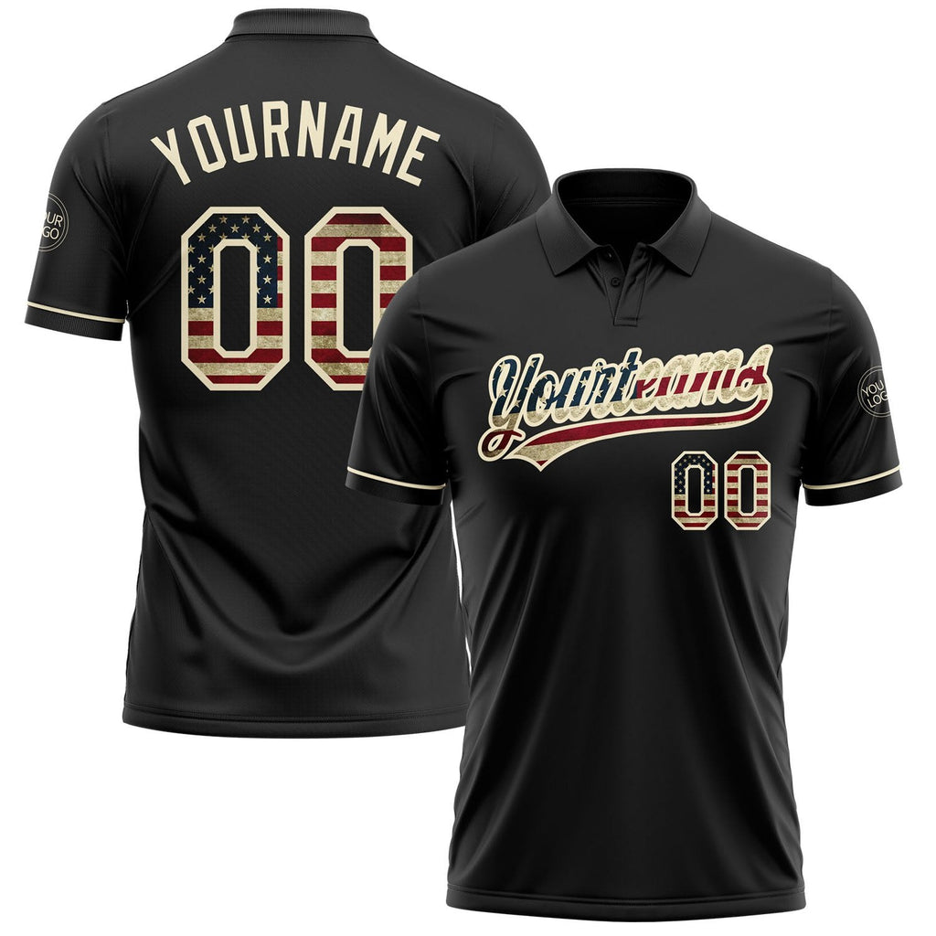 Custom Black Vintage USA Flag-Cream Performance Vapor Golf Polo Shirt photo 1