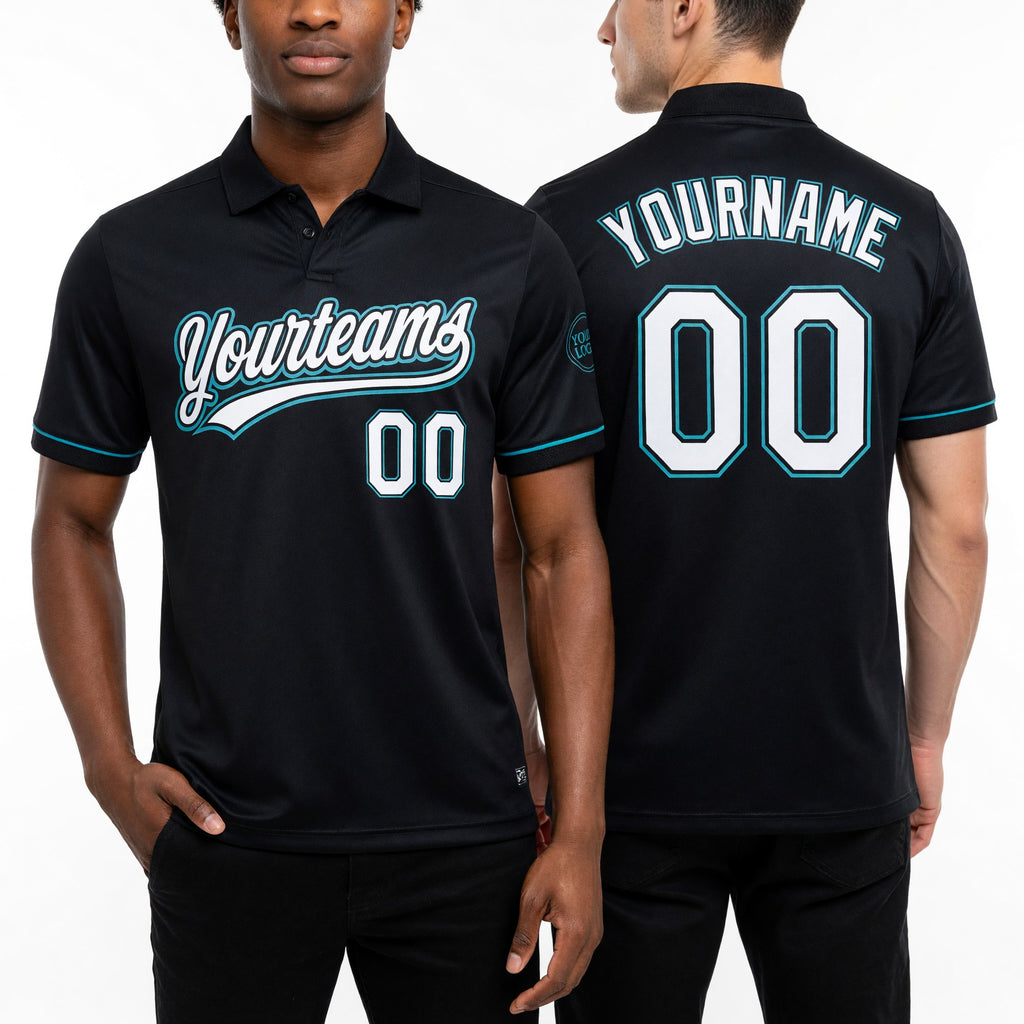 Custom Black White-Teal Performance Vapor Golf Polo Shirt worn front and back