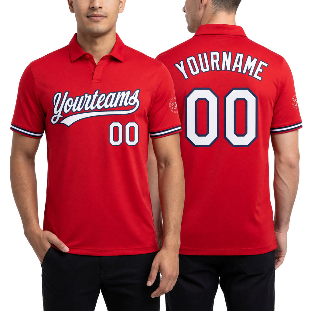 Custom Red White-Navy Performance Vapor Golf Polo Shirt worn front and back