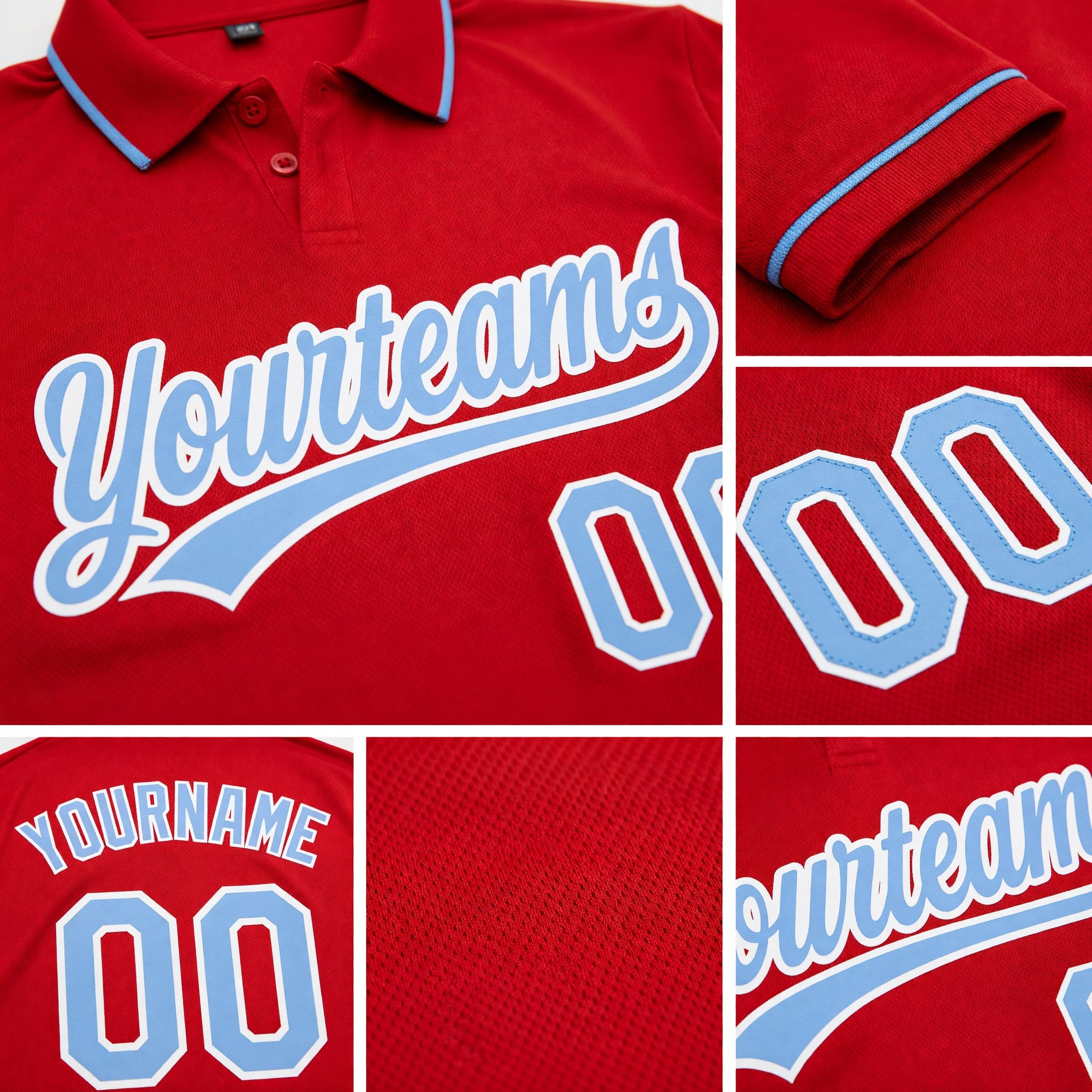 Custom Red Light Blue-White Performance Vapor Golf Polo Shirt detail