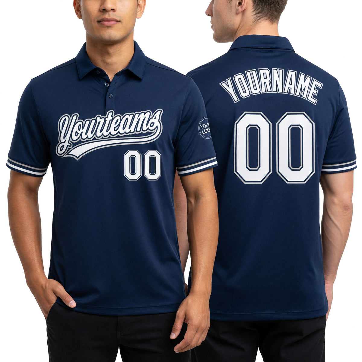 Custom Navy White-Gray Performance Vapor Golf Polo Shirt worn front and back