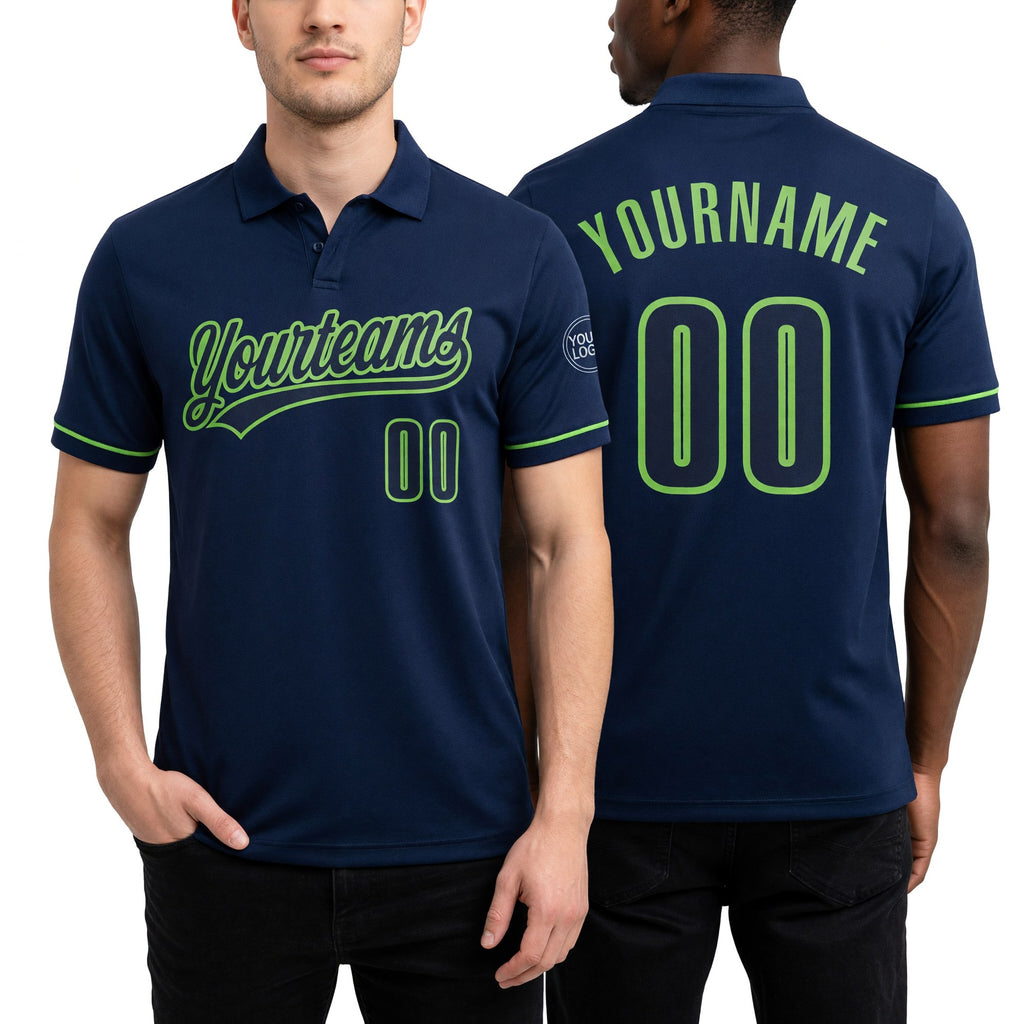 Custom Navy Navy-Neon Green Performance Vapor Golf Polo Shirt worn front and back