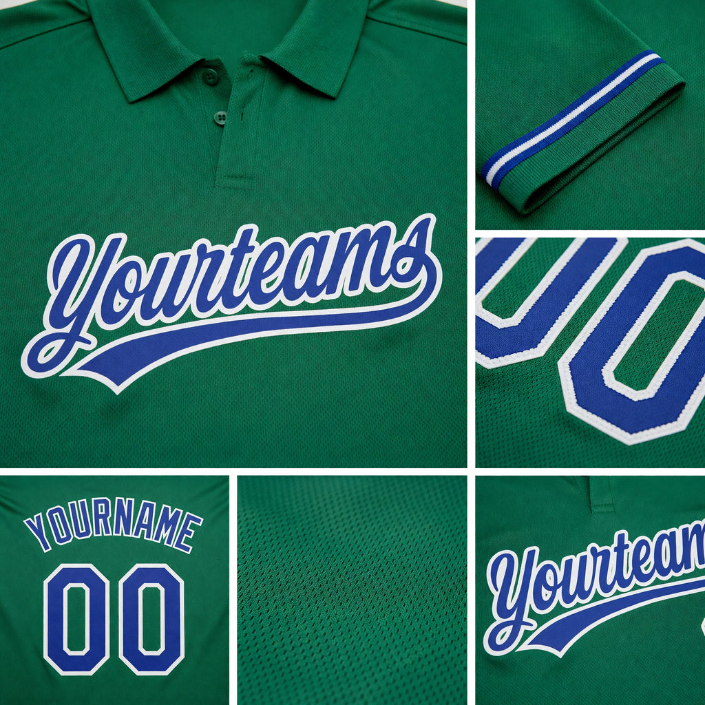Custom Kelly Green Royal-White Performance Vapor Golf Polo Shirt detail