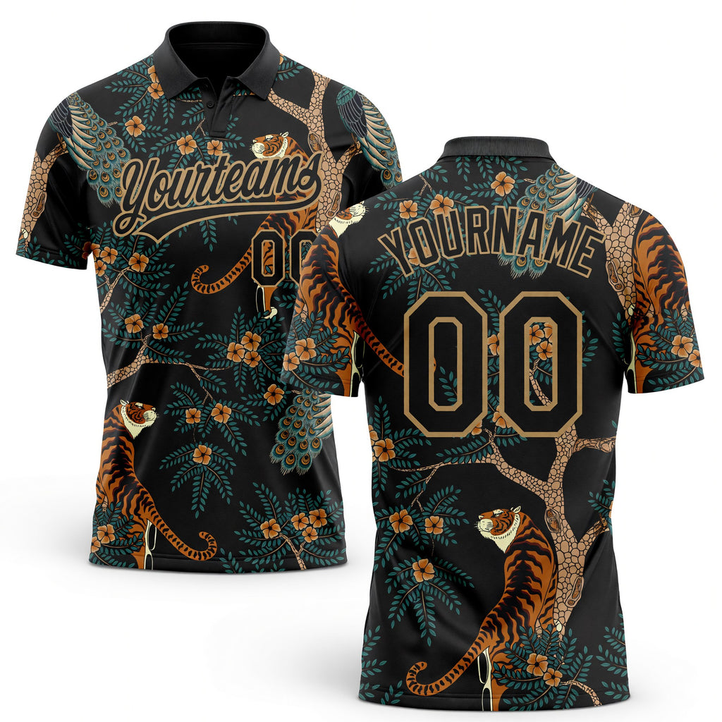 Custom Black Black-Old Gold 3D Pattern Design Tiger And Peacock Performance Vapor Golf Polo Shirt