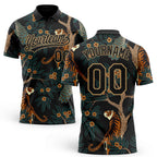 Custom Black Black-Old Gold 3D Pattern Design Tiger And Peacock Performance Vapor Golf Polo Shirt