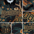 Custom Black Black-Old Gold 3D Pattern Design Tiger And Peacock Performance Vapor Golf Polo Shirt detail