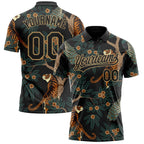 Custom Black Black-Old Gold 3D Pattern Design Tiger And Peacock Performance Vapor Golf Polo Shirt photo 1
