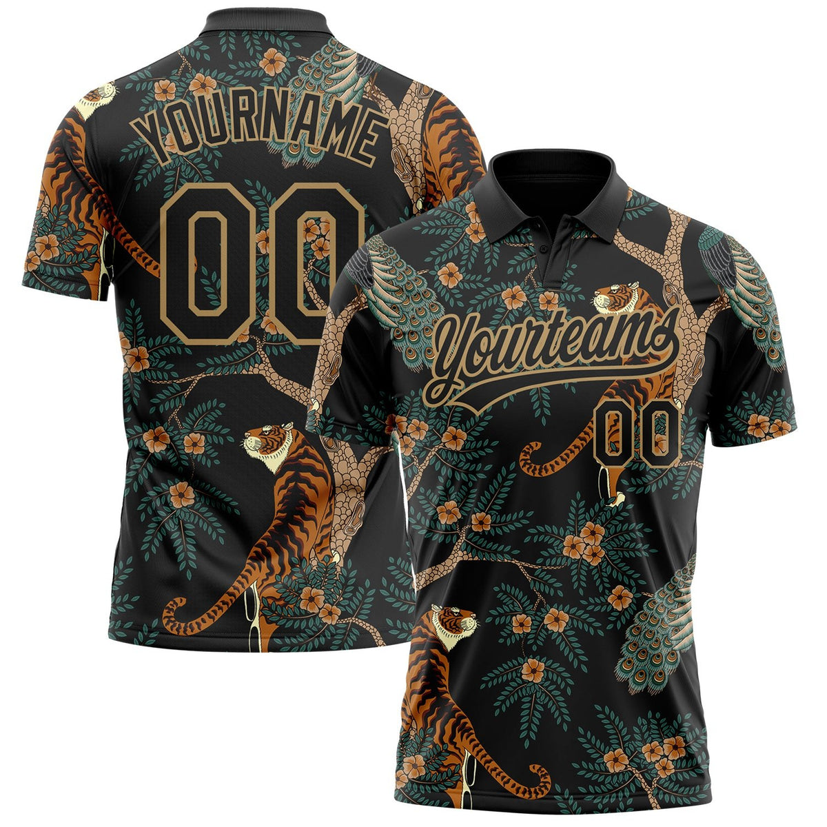 Custom Black Black-Old Gold 3D Pattern Design Tiger And Peacock Performance Vapor Golf Polo Shirt photo 1