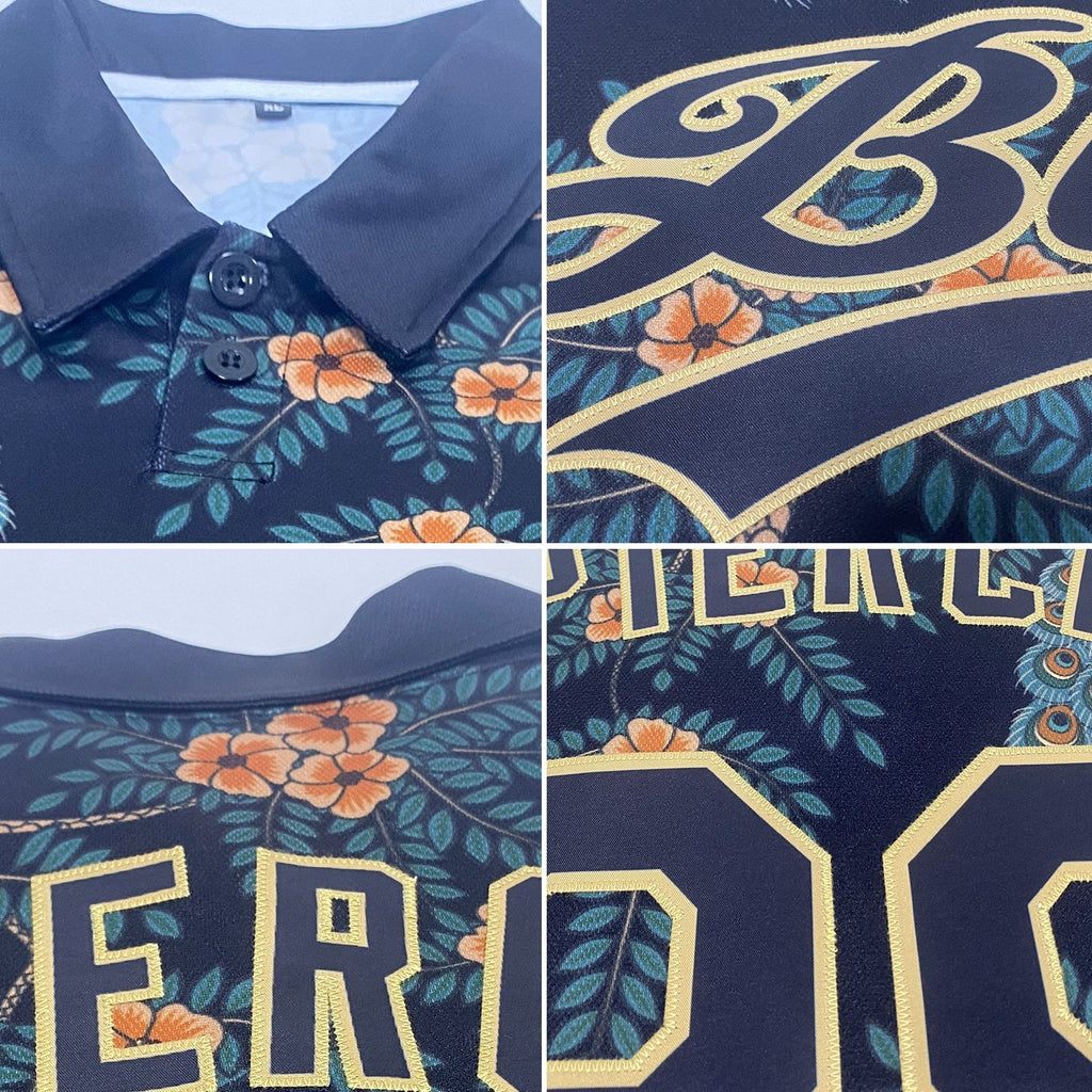 Custom Black Black-Old Gold 3D Pattern Design Tiger And Peacock Performance Vapor Golf Polo Shirt photo 2