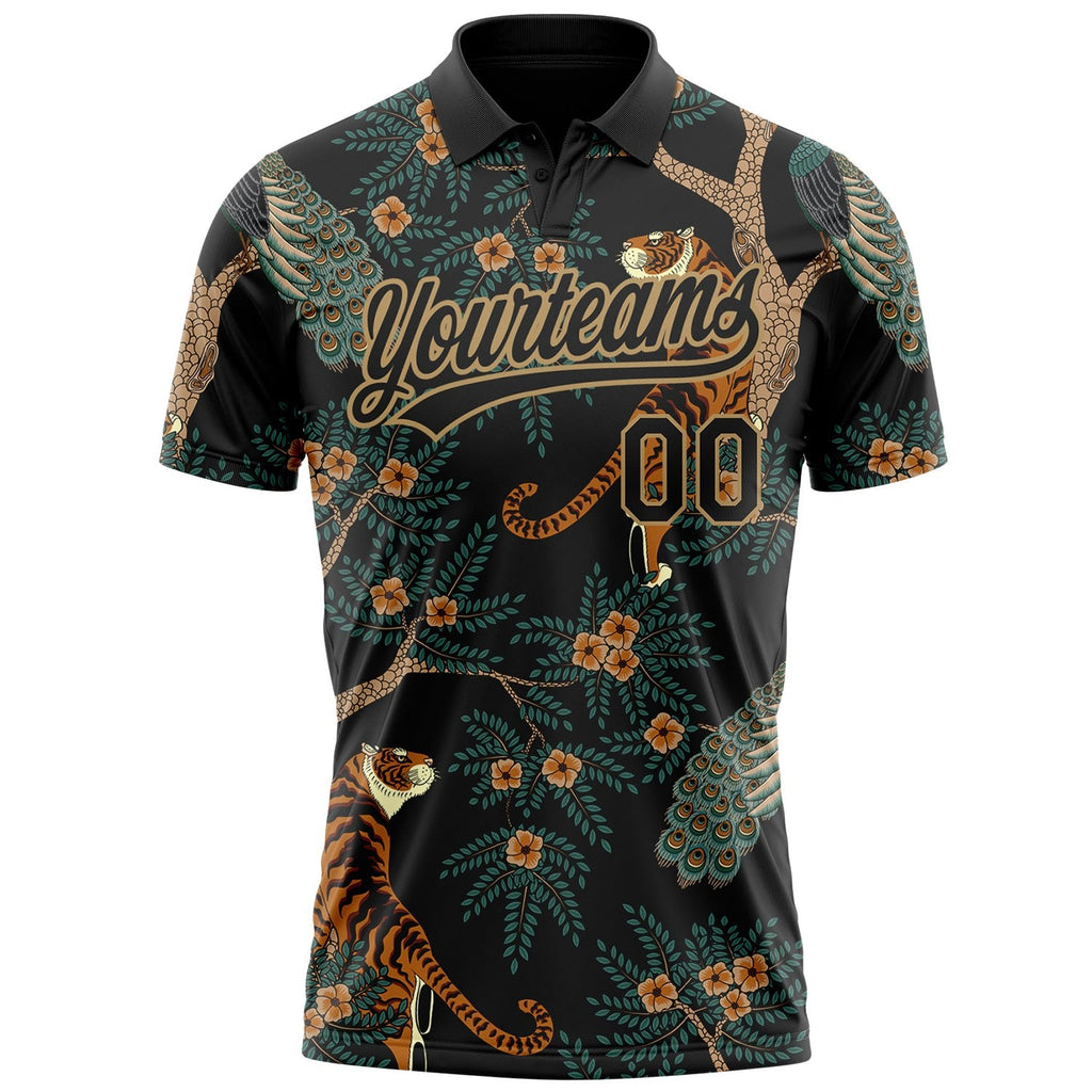 Custom Black Black-Old Gold 3D Pattern Design Tiger And Peacock Performance Vapor Golf Polo Shirt photo 3