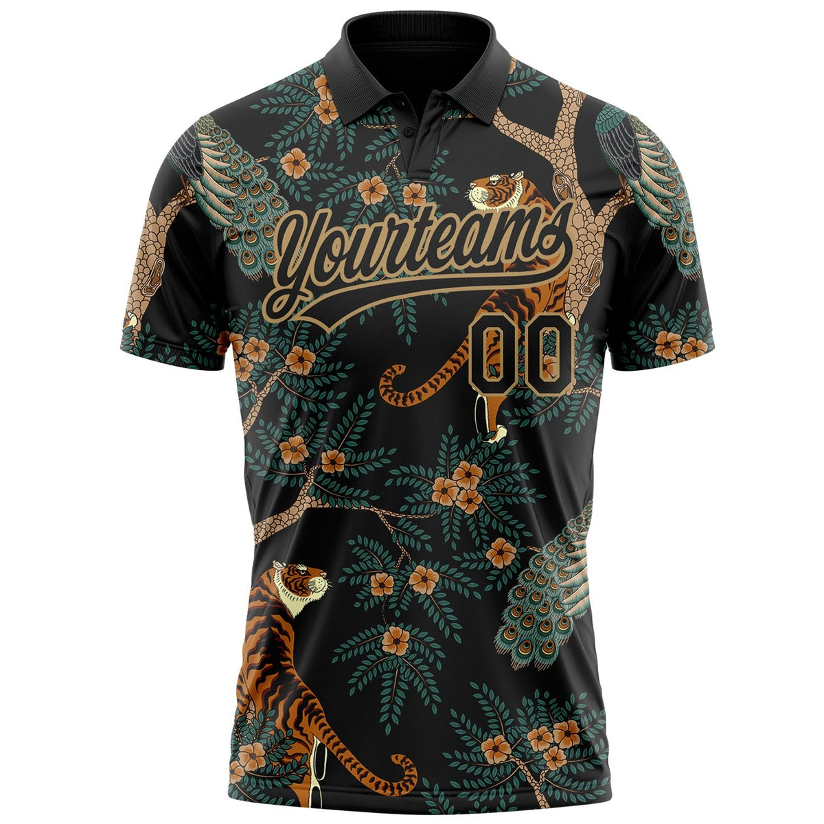 Custom Black Black-Old Gold 3D Pattern Design Tiger And Peacock Performance Vapor Golf Polo Shirt photo 3