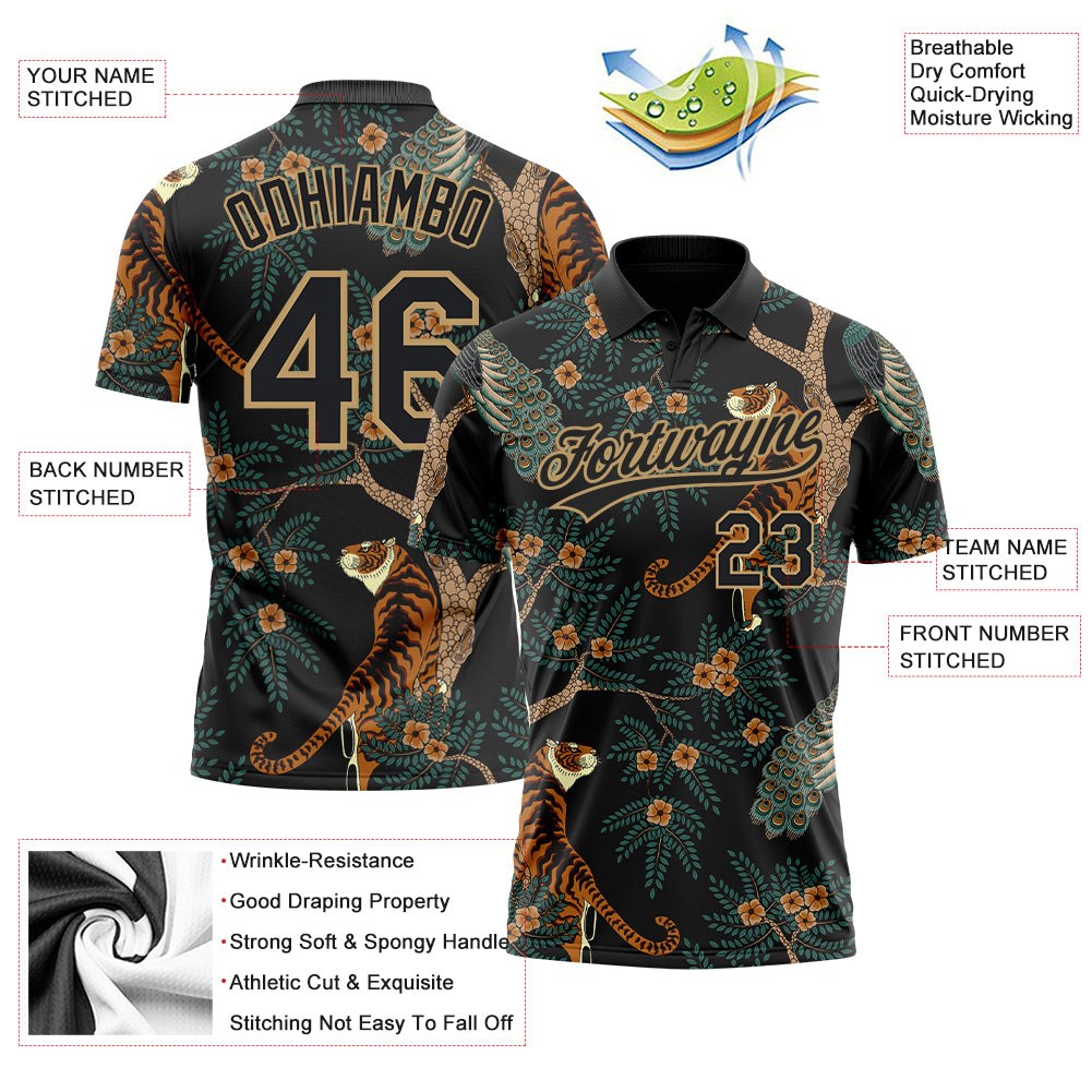 Custom Black Black-Old Gold 3D Pattern Design Tiger And Peacock Performance Vapor Golf Polo Shirt photo 4