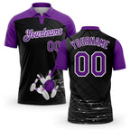 Custom Black Purple-White 3D Pattern Design Bowling Performance Polo Shirt