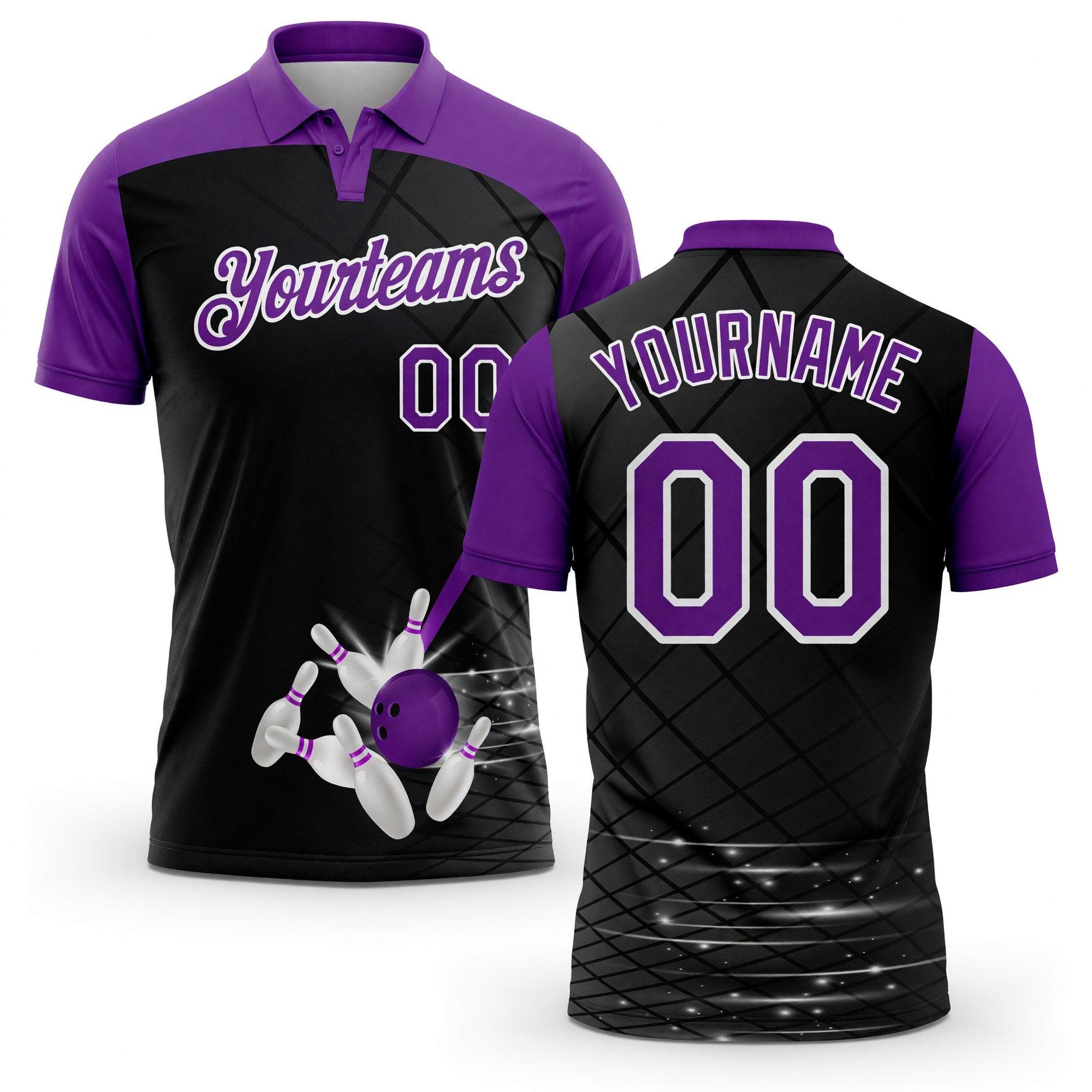 Custom Black Purple-White 3D Pattern Design Bowling Performance Polo Shirt