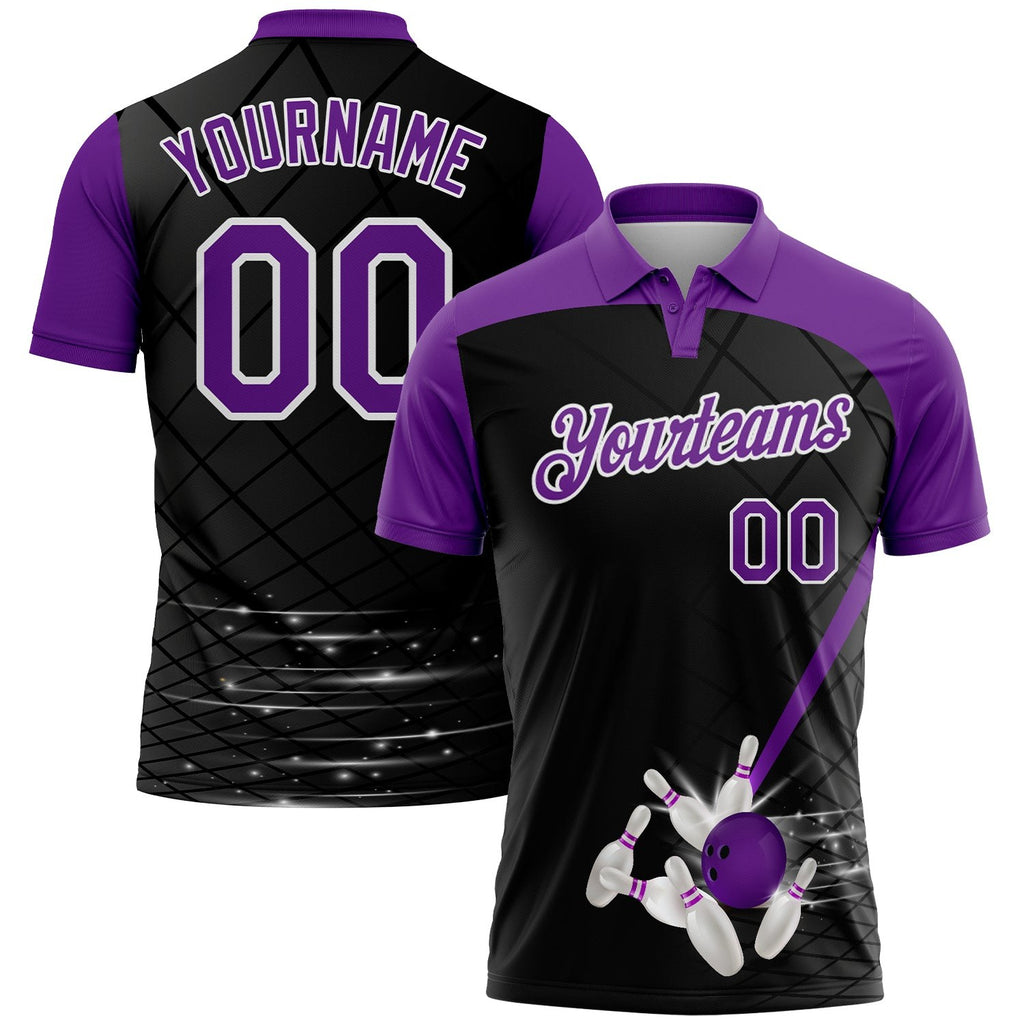 Custom Black Purple-White 3D Pattern Design Bowling Performance Polo Shirt photo 1
