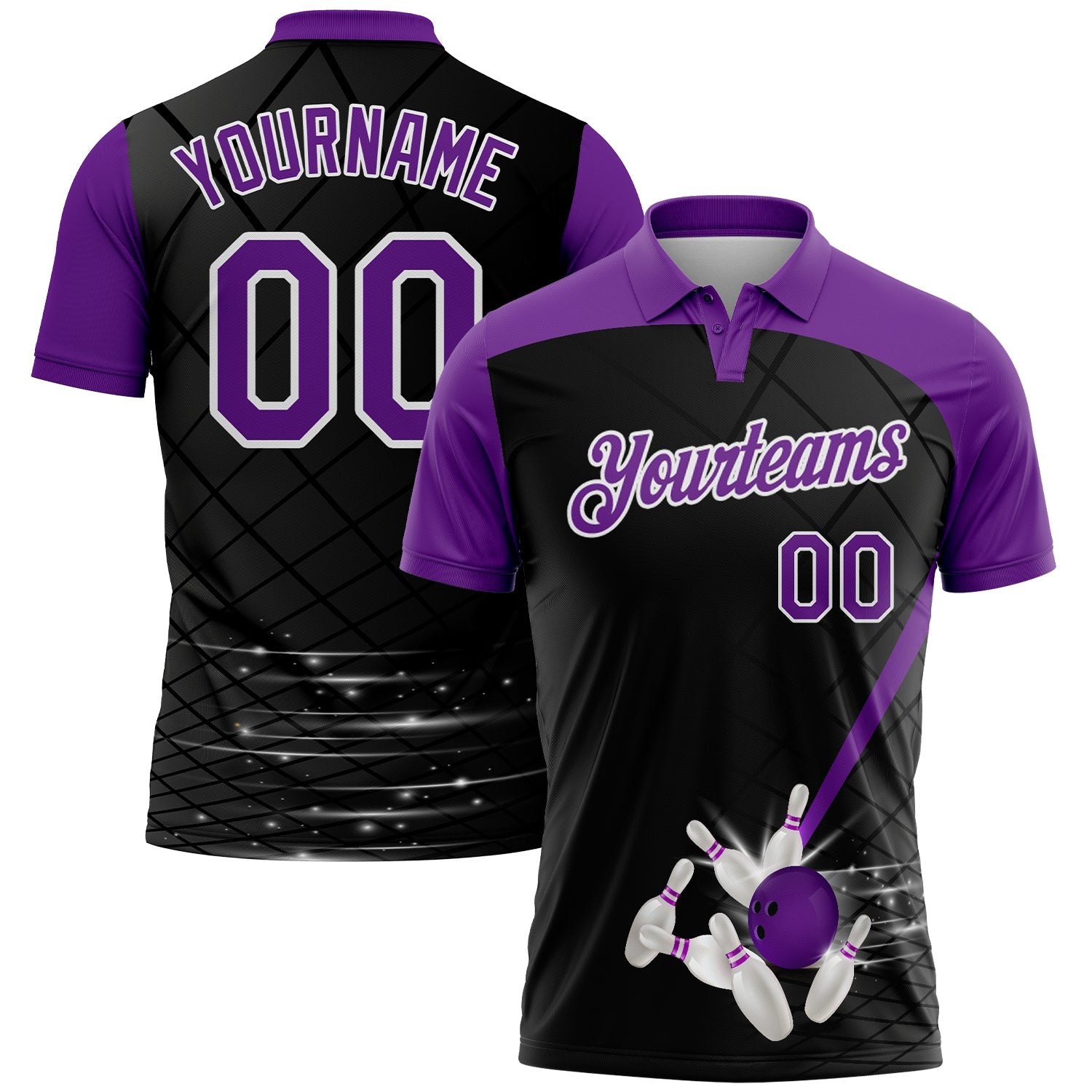 Custom Black Purple-White 3D Pattern Design Bowling Performance Polo Shirt photo 1