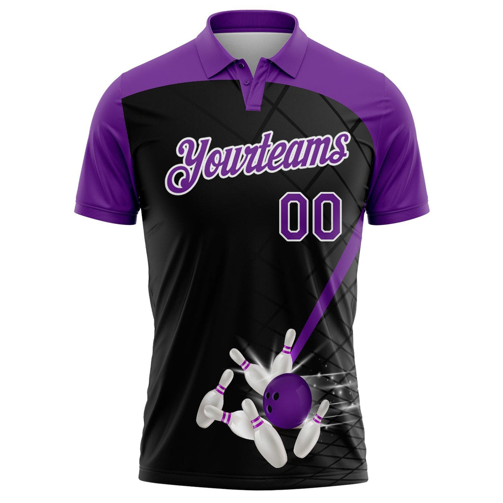Custom Black Purple-White 3D Pattern Design Bowling Performance Polo Shirt photo 2
