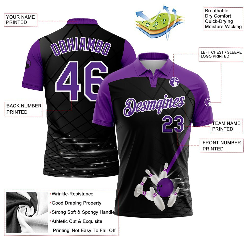 Custom Black Purple-White 3D Pattern Design Bowling Performance Polo Shirt photo 3