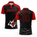 Custom Black Red 3D Pattern Design Bowling Performance Polo Shirt