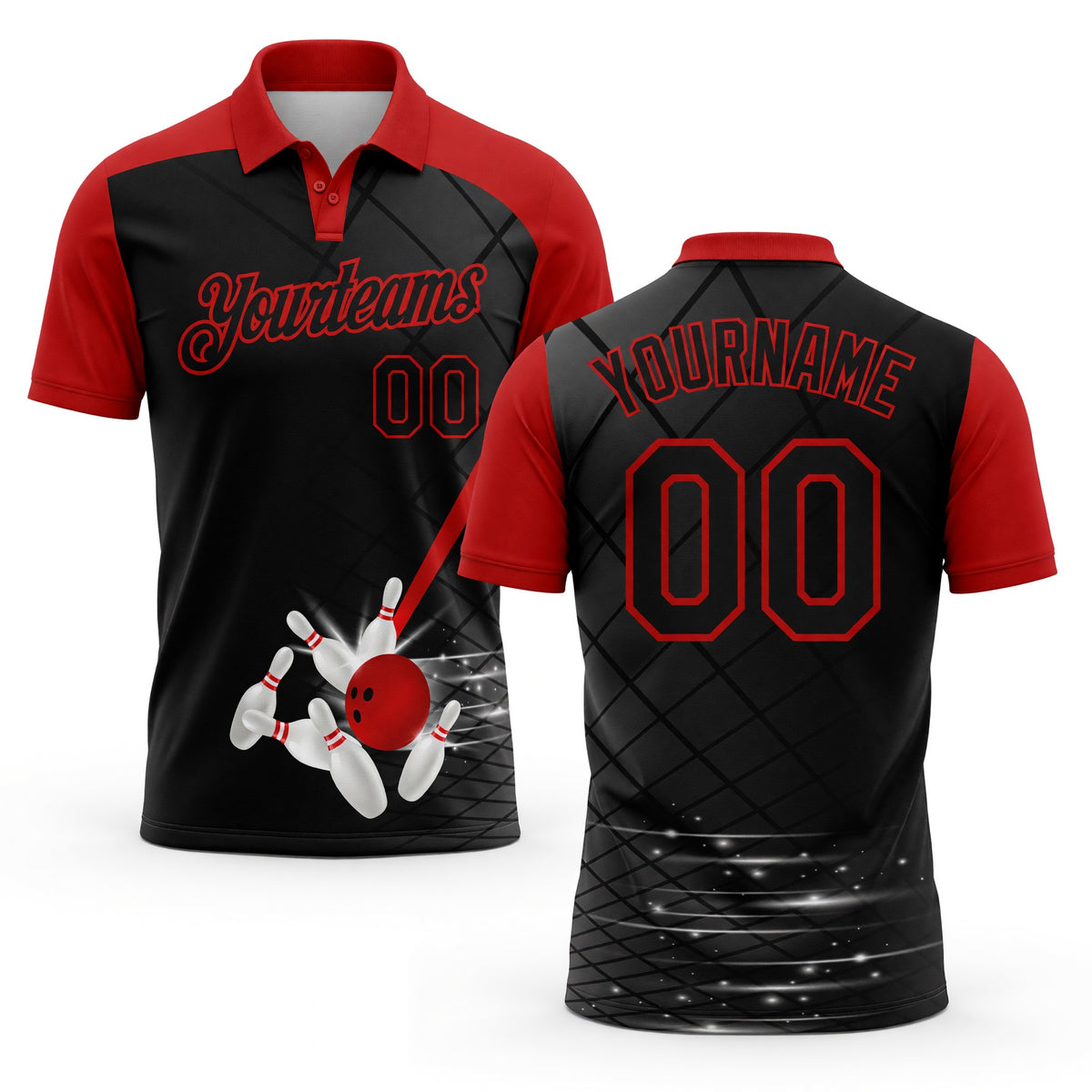Custom Black Red 3D Pattern Design Bowling Performance Polo Shirt