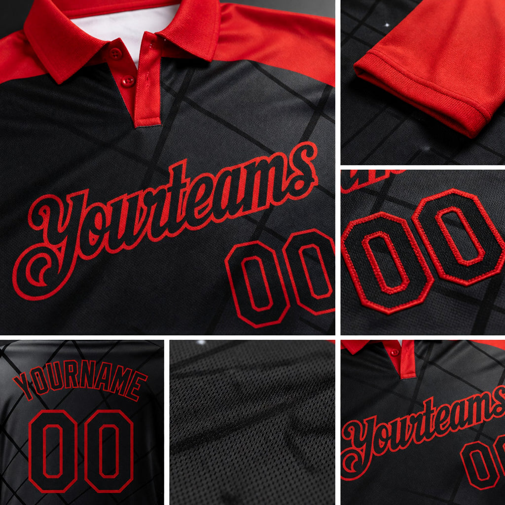 Custom Black Red 3D Pattern Design Bowling Performance Polo Shirt detail