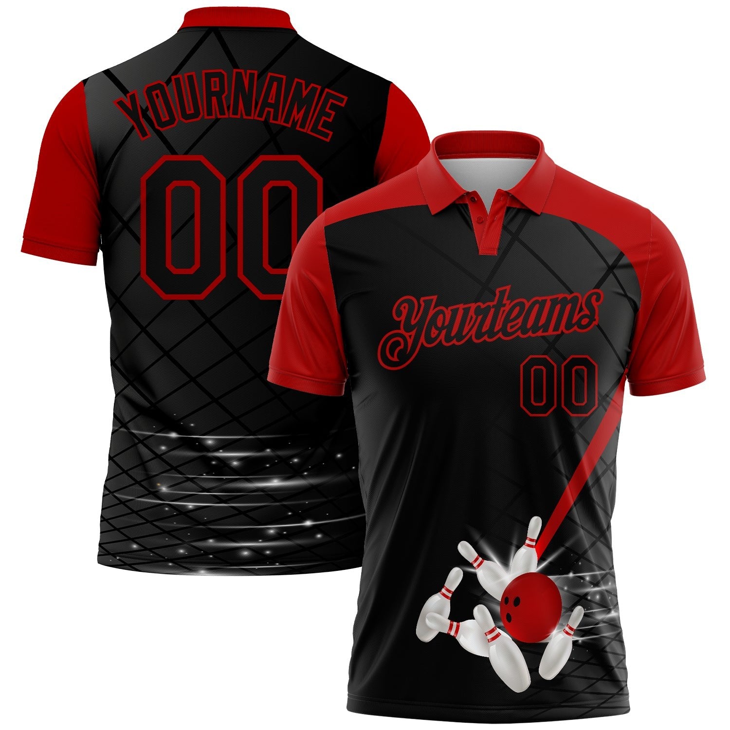 Custom Black Red 3D Pattern Design Bowling Performance Polo Shirt photo 1