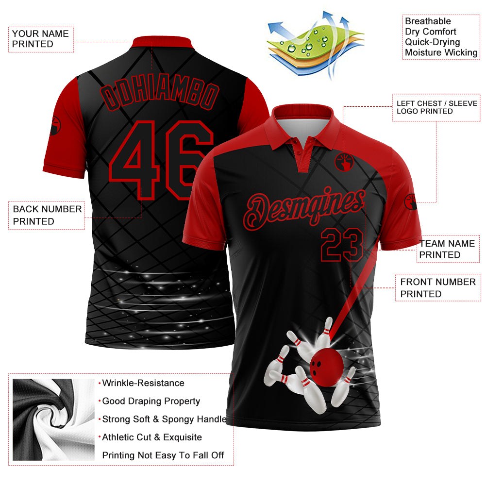 Custom Black Red 3D Pattern Design Bowling Performance Polo Shirt photo 3