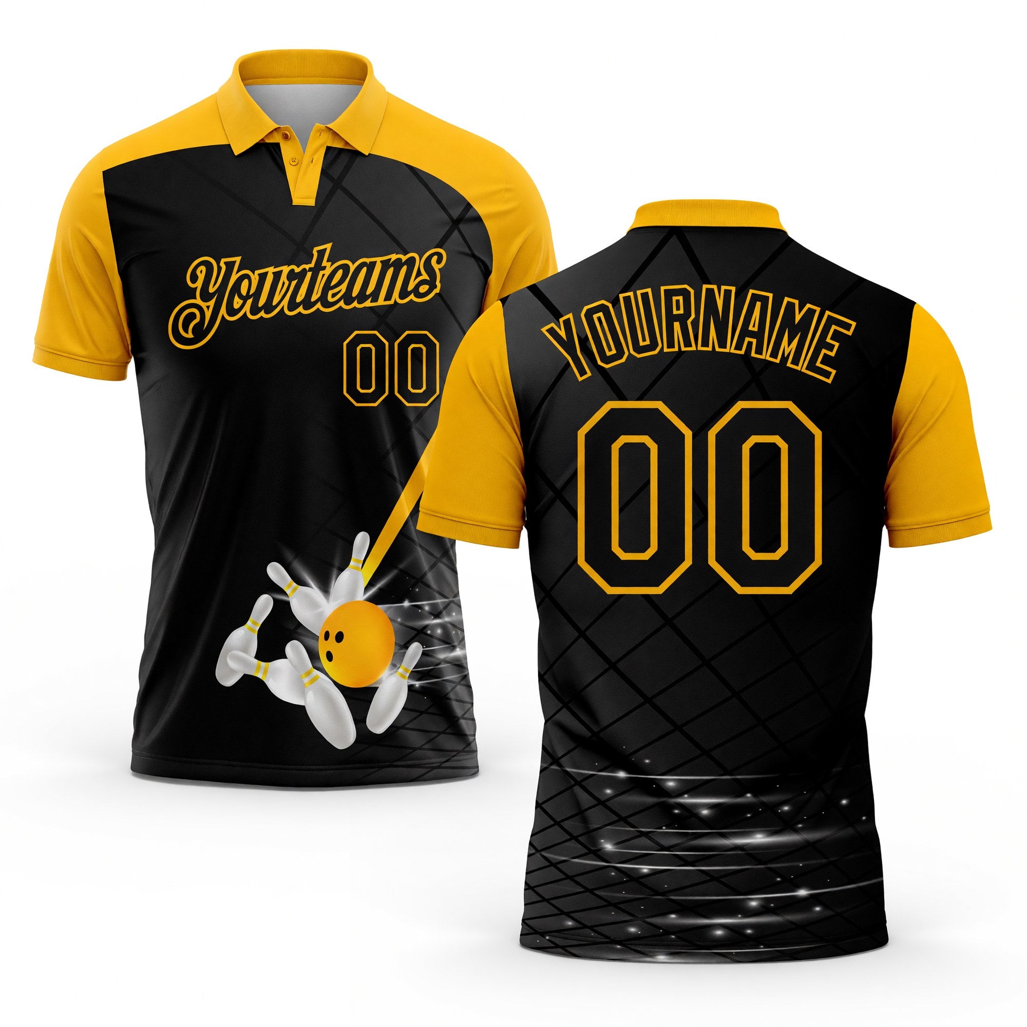 Custom Black Gold 3D Pattern Design Bowling Performance Polo Shirt