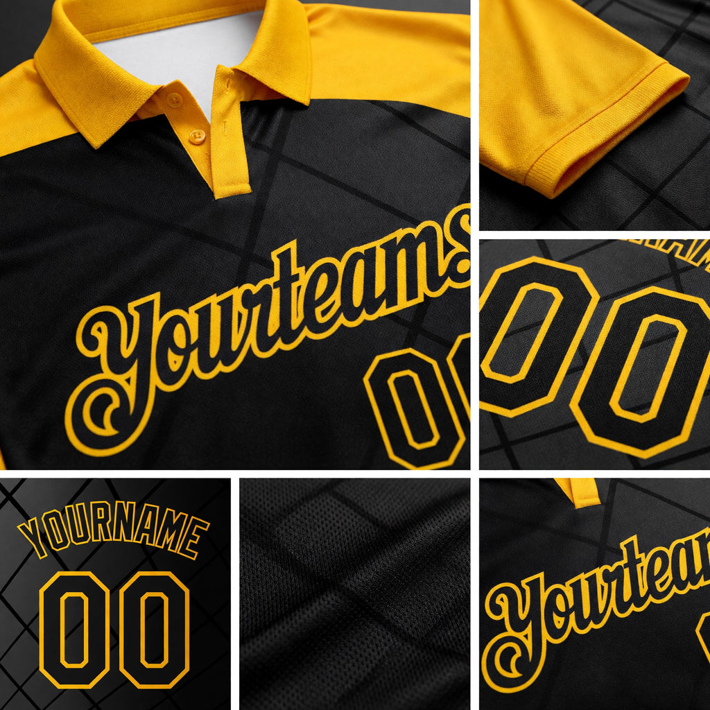 Custom Black Gold 3D Pattern Design Bowling Performance Polo Shirt detail