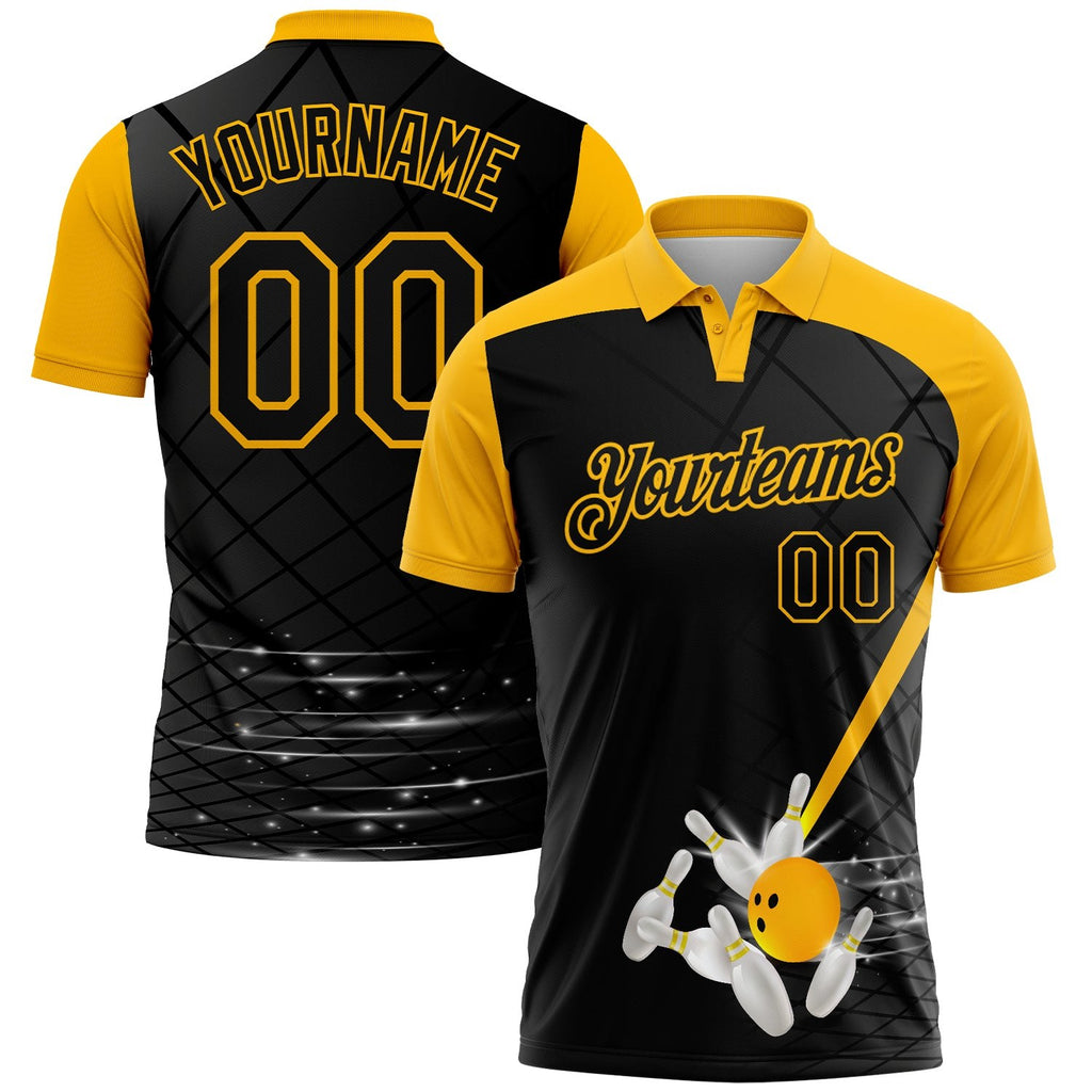 Custom Black Gold 3D Pattern Design Bowling Performance Polo Shirt photo 1