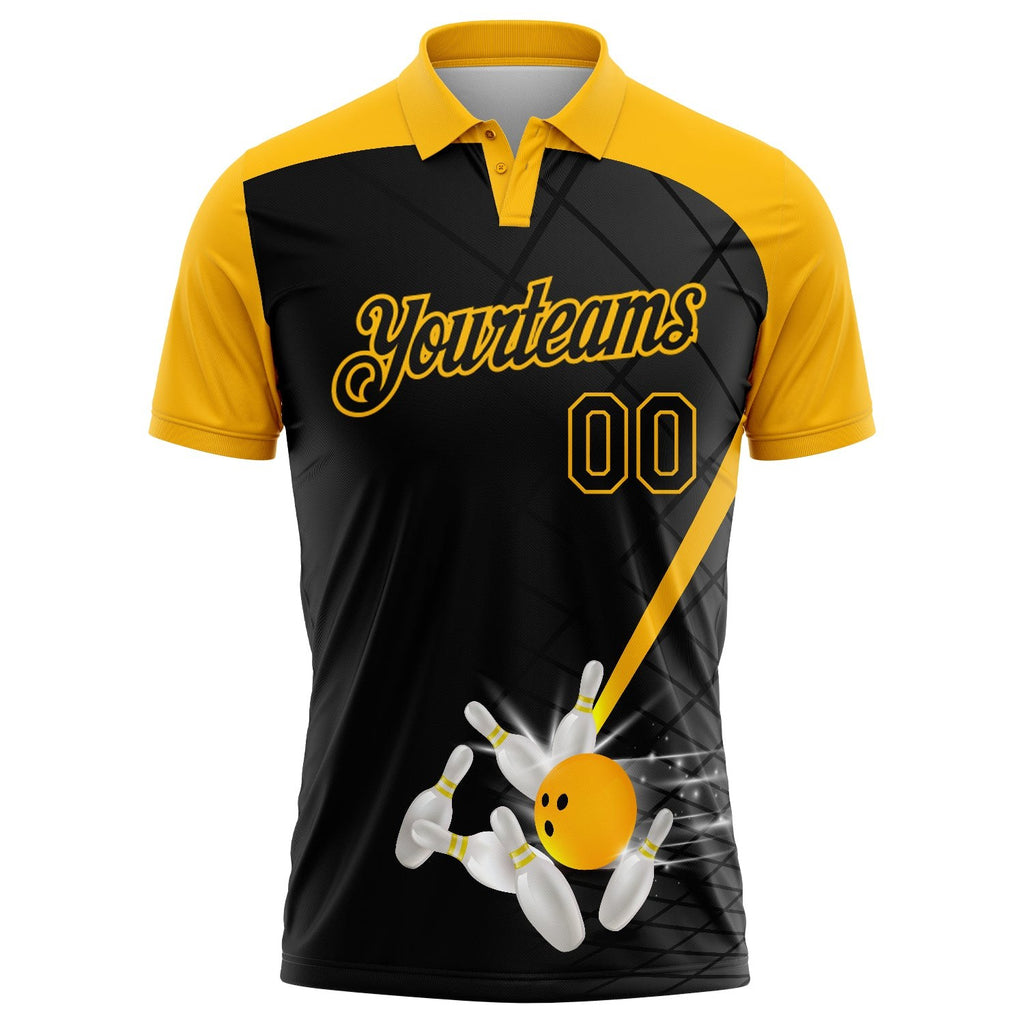 Custom Black Gold 3D Pattern Design Bowling Performance Polo Shirt photo 2