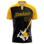 Custom Black Gold 3D Pattern Design Bowling Performance Polo Shirt photo 2
