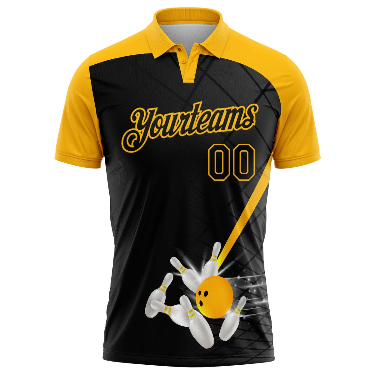 Custom Black Gold 3D Pattern Design Bowling Performance Polo Shirt photo 2