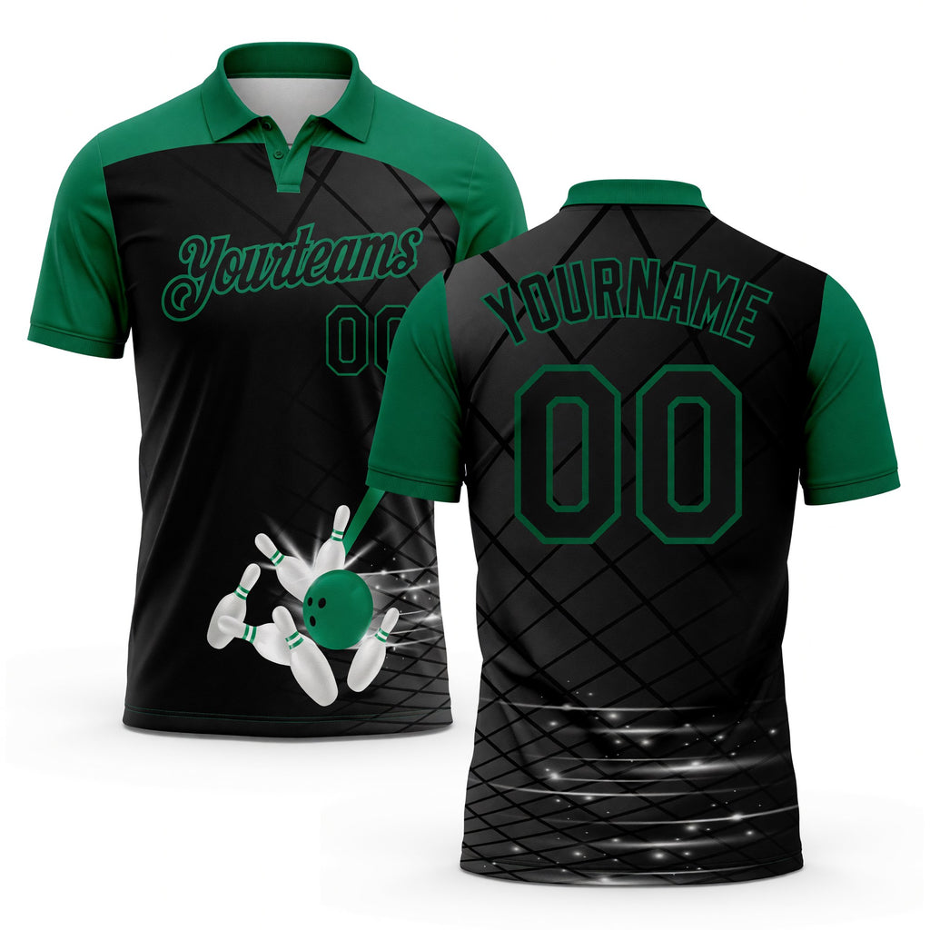 Custom Black Kelly Green 3D Pattern Design Bowling Performance Polo Shirt