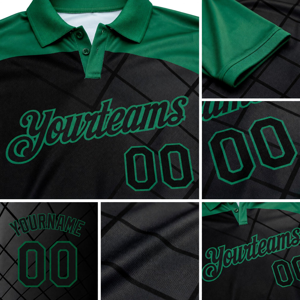 Custom Black Kelly Green 3D Pattern Design Bowling Performance Polo Shirt detail