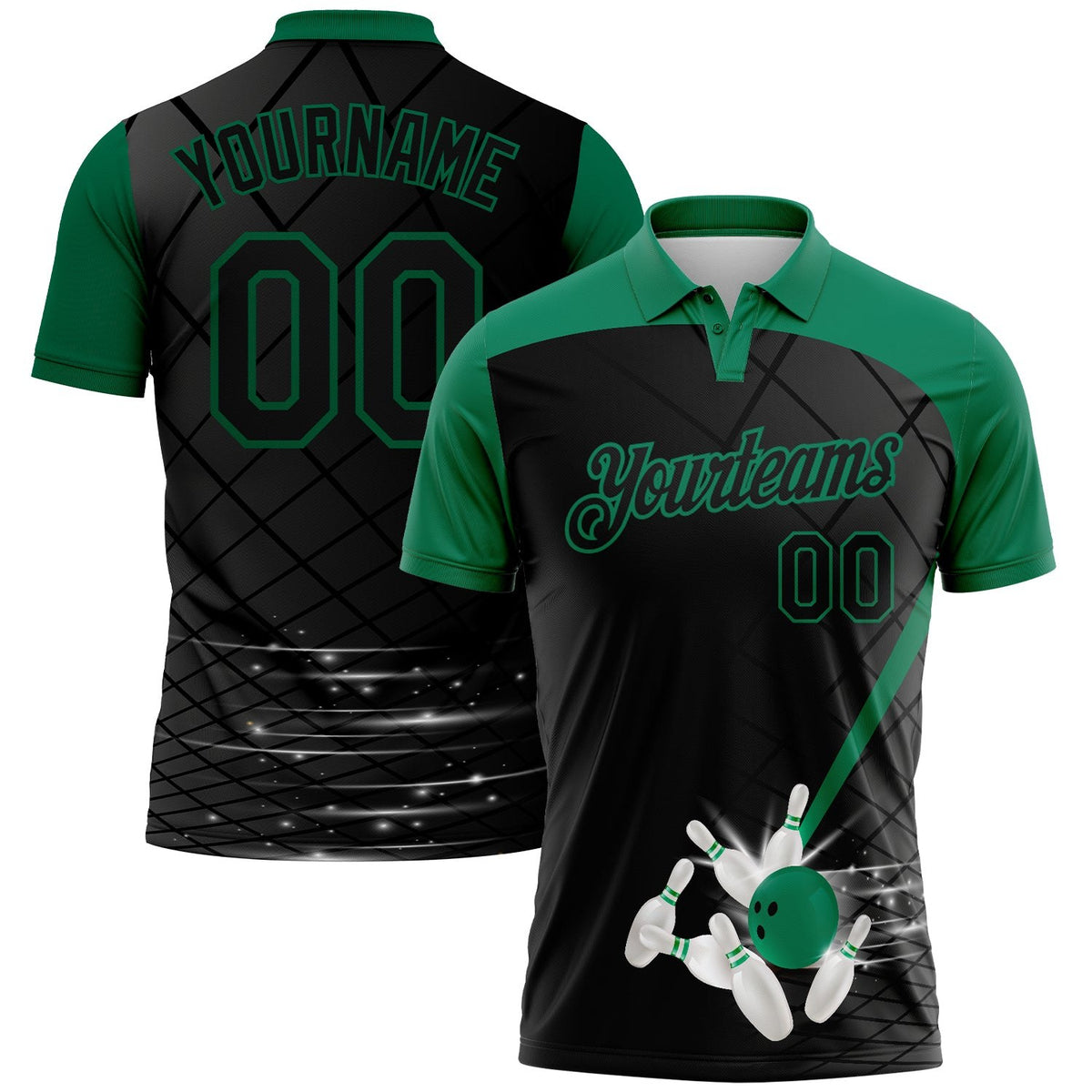 Custom Black Kelly Green 3D Pattern Design Bowling Performance Polo Shirt photo 1