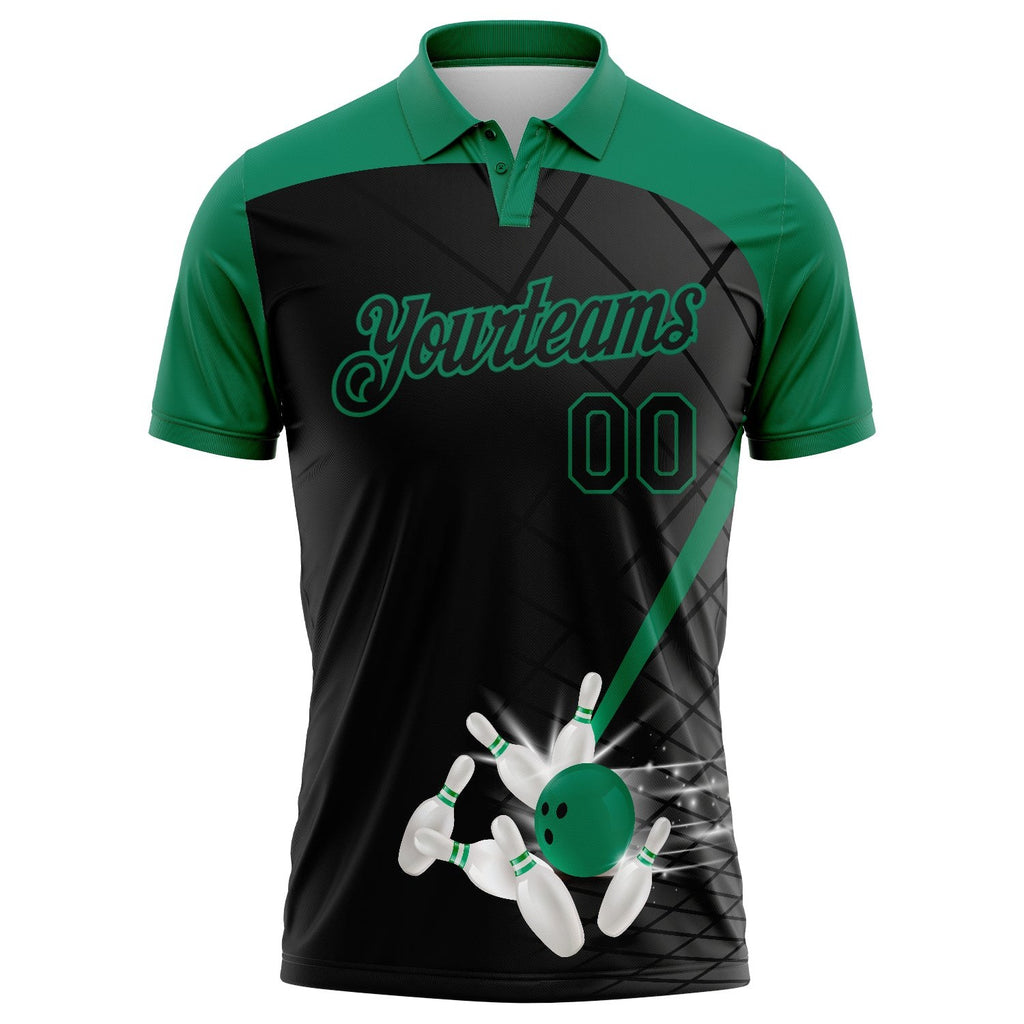 Custom Black Kelly Green 3D Pattern Design Bowling Performance Polo Shirt photo 2