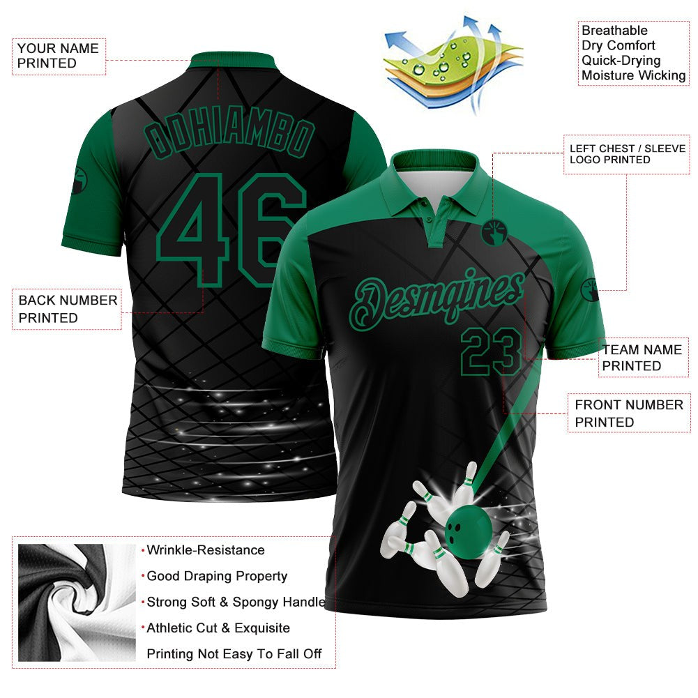 Custom Black Kelly Green 3D Pattern Design Bowling Performance Polo Shirt photo 3