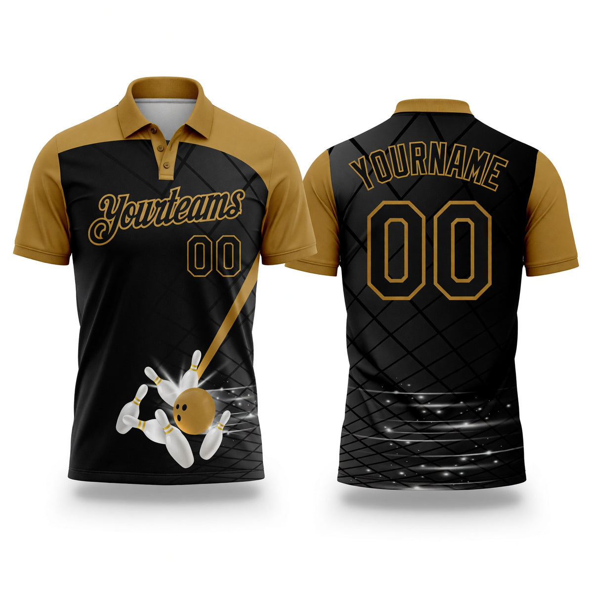 Custom Black Old Gold 3D Pattern Design Bowling Performance Polo Shirt