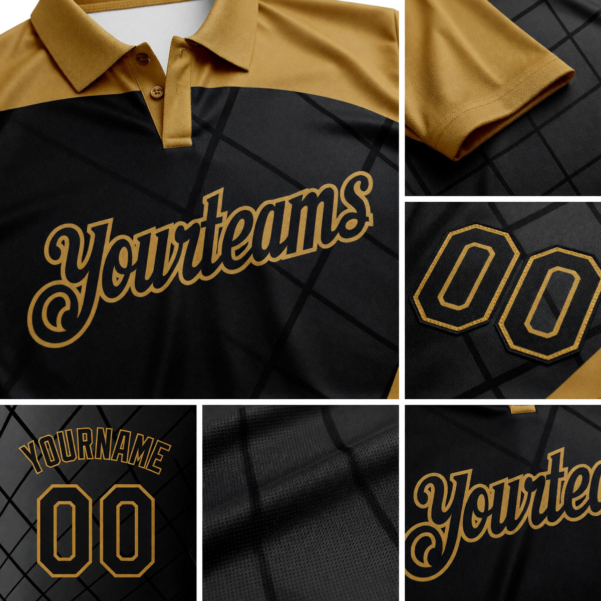 Custom Black Old Gold 3D Pattern Design Bowling Performance Polo Shirt detail