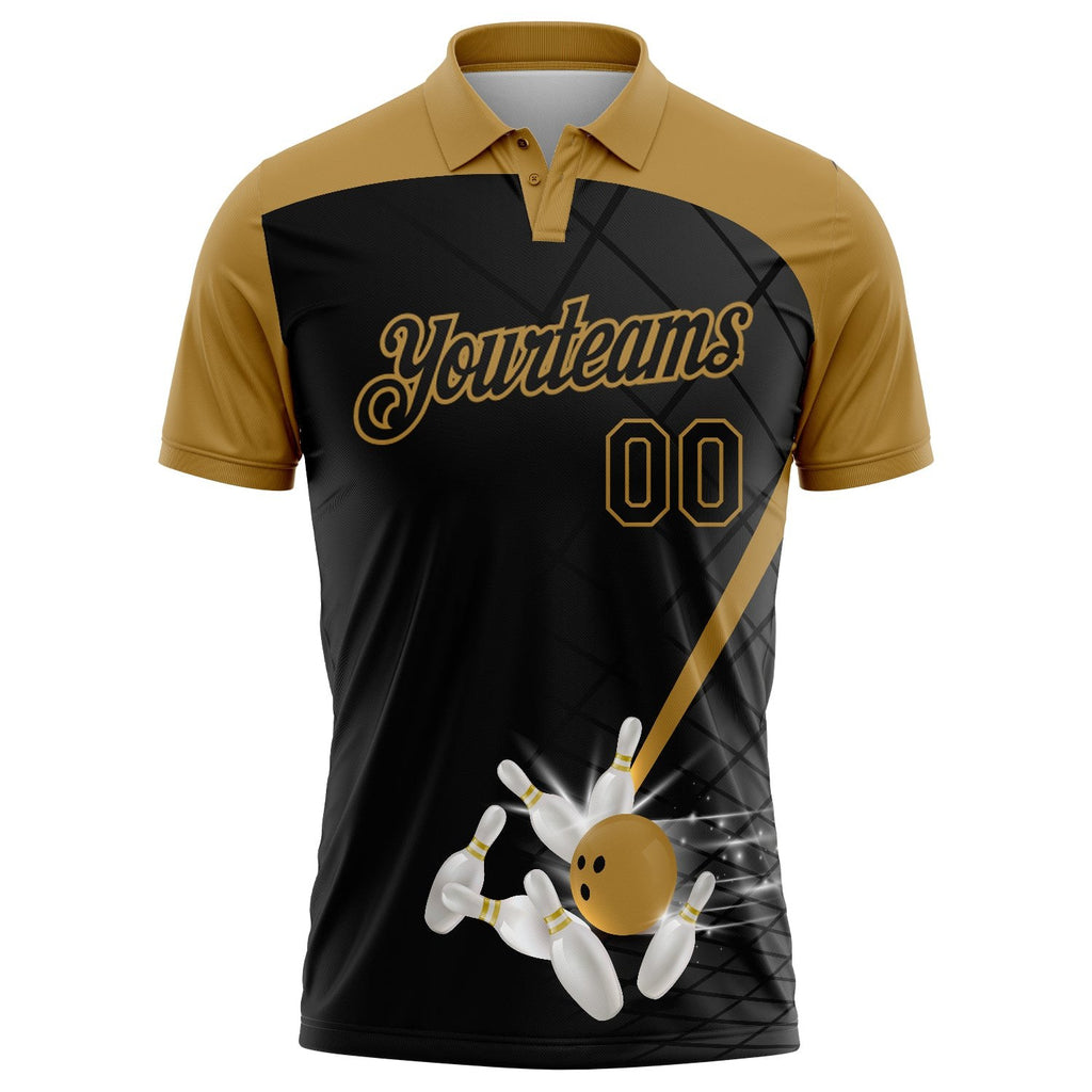 Custom Black Old Gold 3D Pattern Design Bowling Performance Polo Shirt photo 2