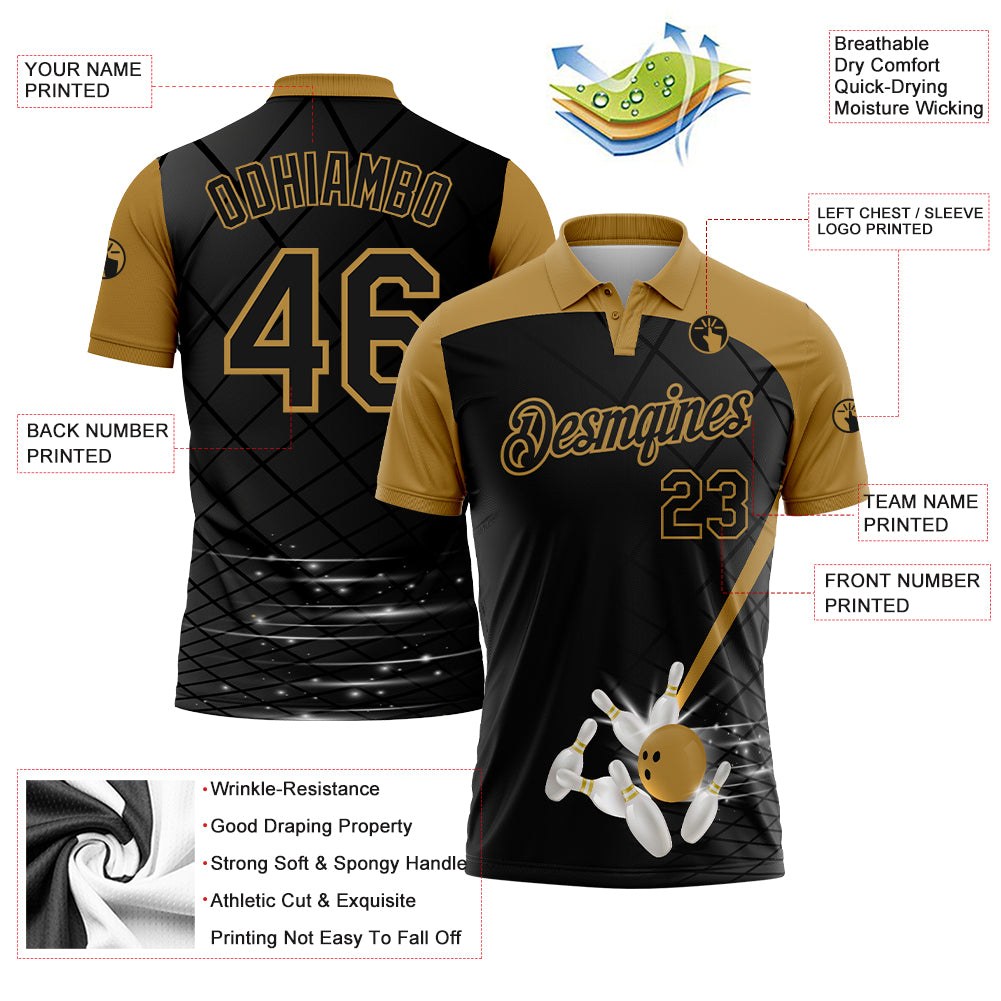 Custom Black Old Gold 3D Pattern Design Bowling Performance Polo Shirt photo 3
